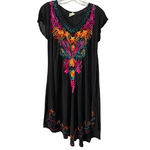 Exist Black Rayon Embroidered V-Neck Boho Festival Tunic Dress One Size Floral